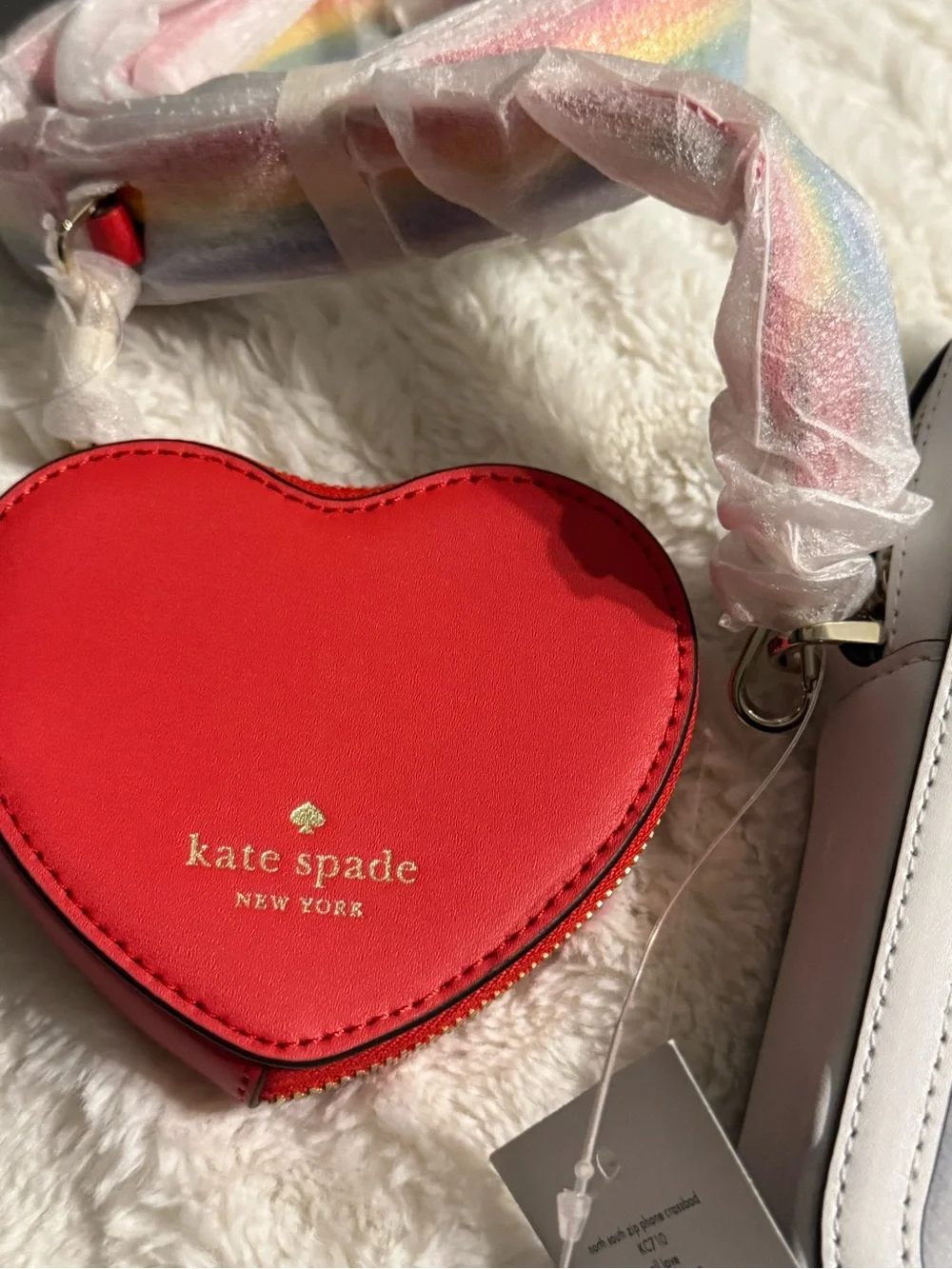 kate spade White Clear Crossbody with Red Heart Coin Pouch and Rainbow Strap